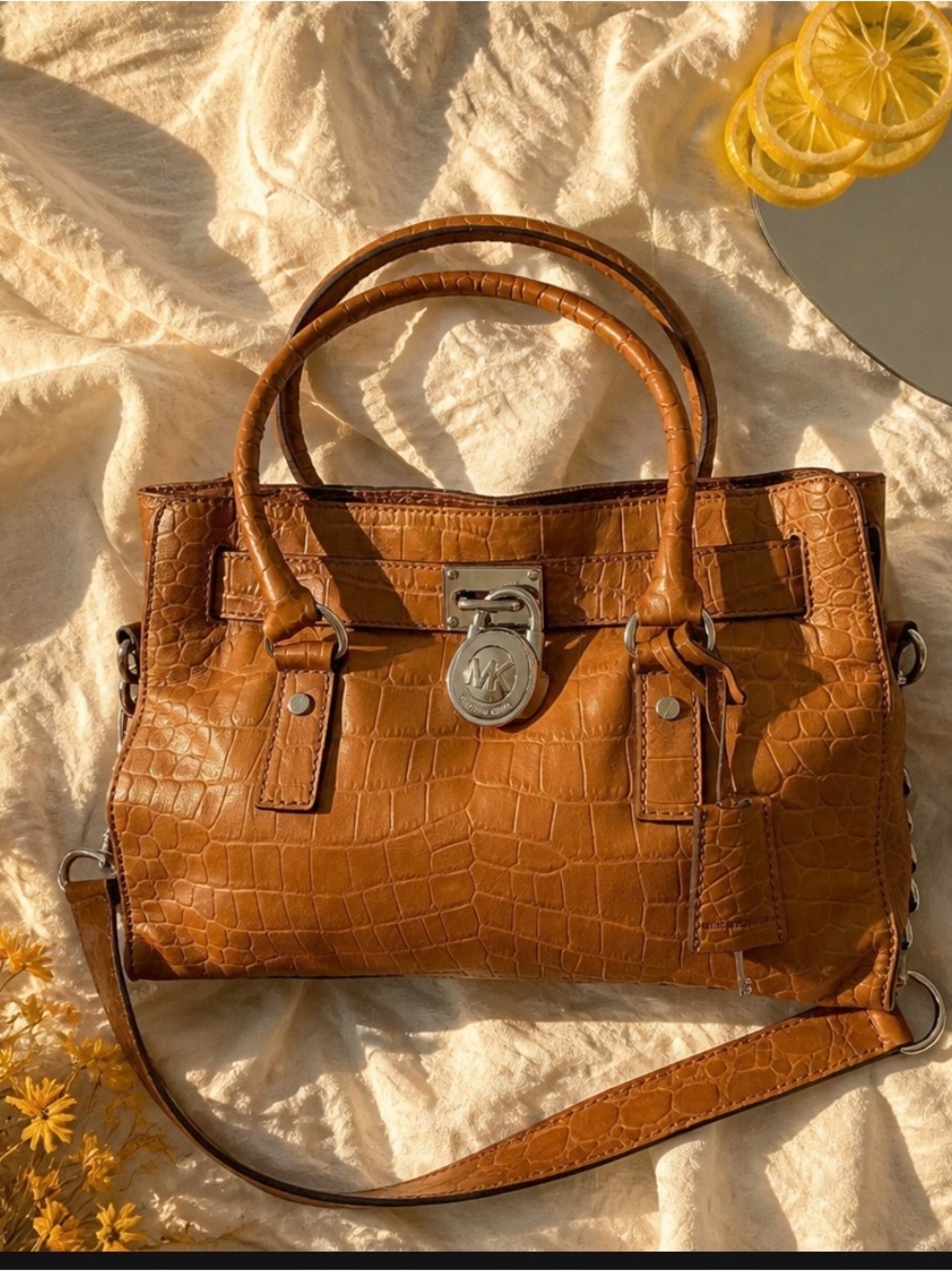 Michael Kors Classic Croc-Embossed Satchel Bag in Cognac EUC - Picture 2 of 10